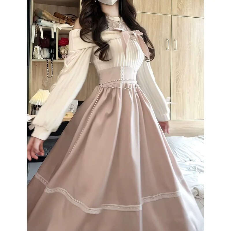 Autumn Whispers Clear Series Elegant Gentle Low-Saturation Light Pink Waist-Cinching Mid-Length Dress with Off-Shoulder Straps and Long Sleeves