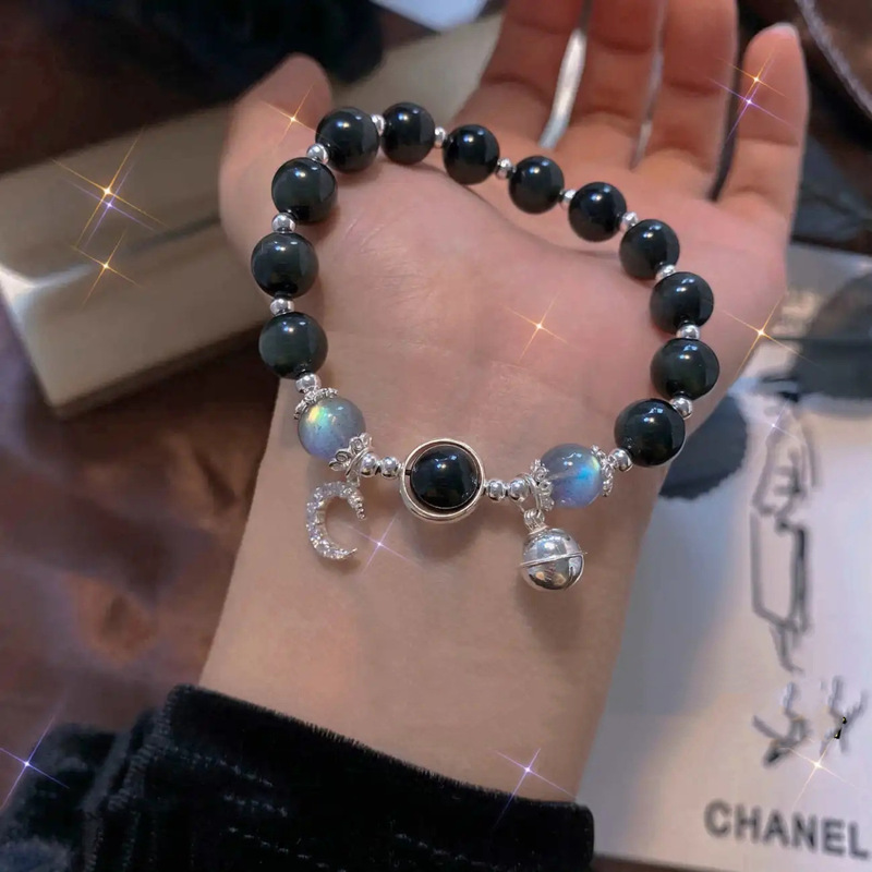 Dark Elf Bracelet Women's Imitation Obsidian Silver Bells Moonstone Moon Crystal Bracelet for Girlfriends Gift Dark Elf Bracelet Women's Imitation Obsidian Silver Bells Moonstone Moon Crystal Bracelet for Girlfriends Gift