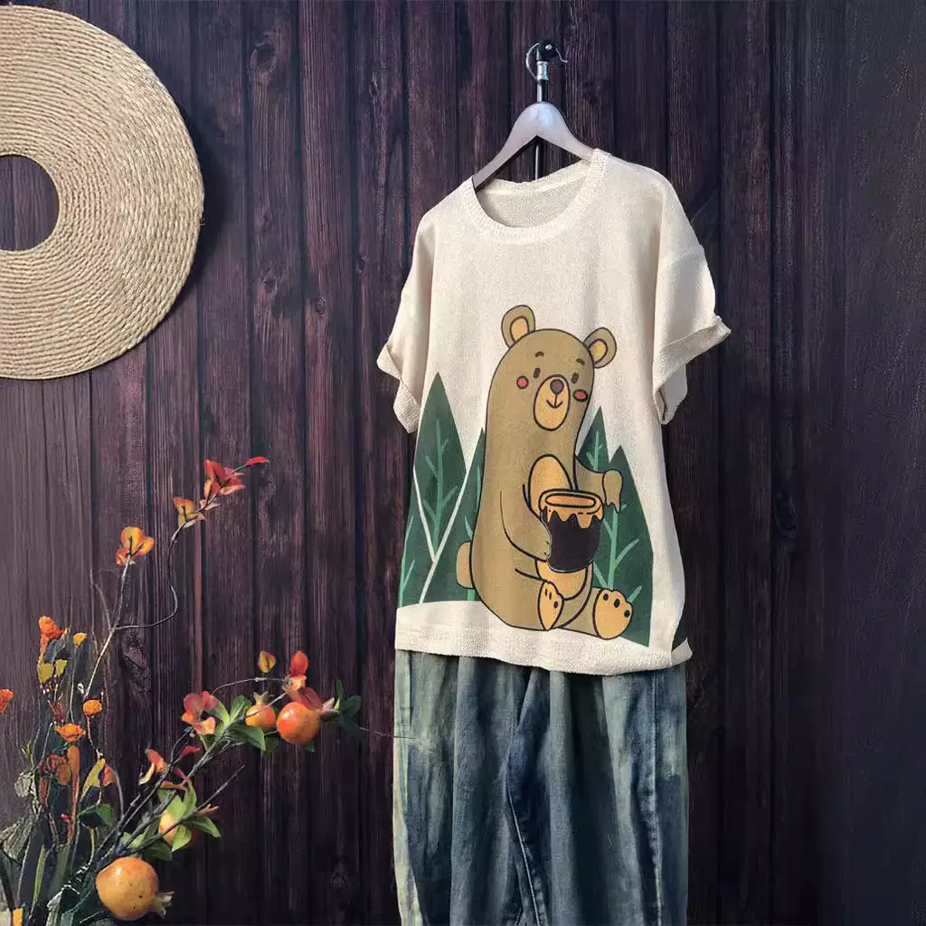 2024夏季新款原创印花针织衫休闲大码宽松初夏麻曲薄款女短袖甜美