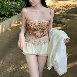如意慢慢喜欢意式油画裹胸吊带花边复古碎花吊带背心性感女孩抹胸