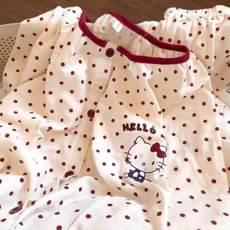女性用パジャマ、春と秋の子猫、甘くてかわいいホーム服セット、女の子用ズボン、インスタイルの長袖水玉模様|undefined