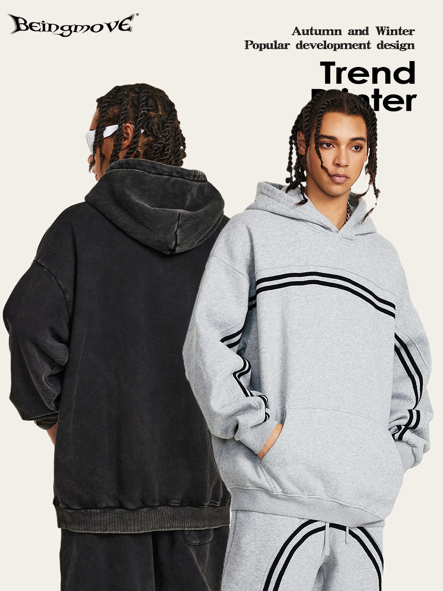 2025 Otoño e Invierno Europeo y Americano High Street Retro Lavado Sudadera con Capucha Forro Polar Deportes Marca De Moda Contraste Rayas Sudadera Tendencia de Los Hombres