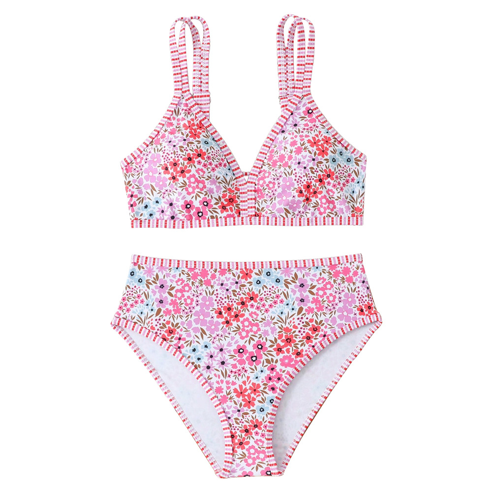 Blommig bikini för flickor med dubbla axelband badkläder_voghion.com