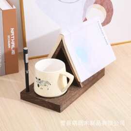 木质三角形书签架桐木烧色饮料架复古阅读架办公室书写板看书架