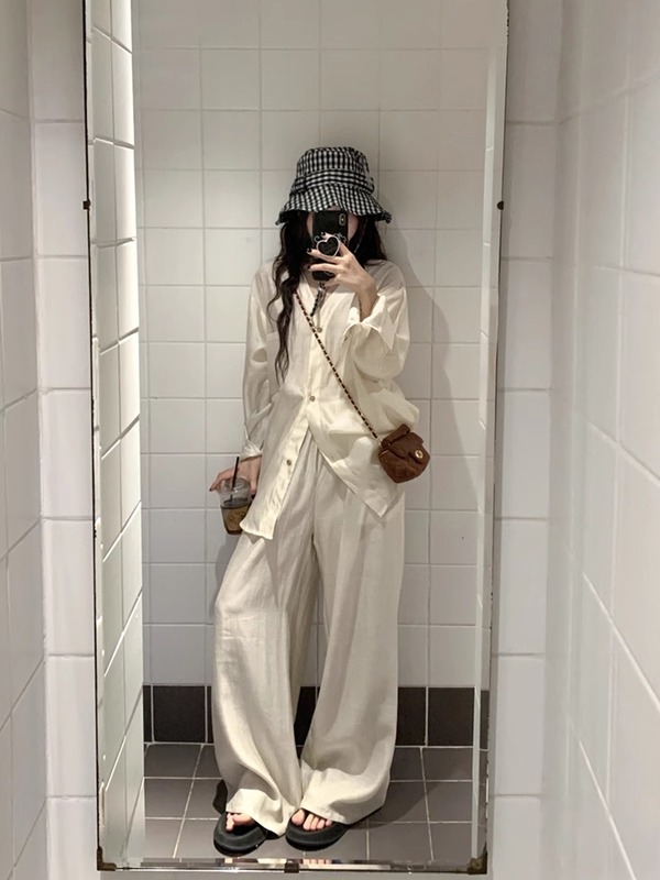 慵懒风套装V领长袖衬衫上衣女2025年秋季高腰休闲裤长裤两件套|undefined