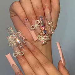 Hot girl ins wind diamond style pearl bow wear nails shiny glitter powder French manicure pieces fake nails wholesale
