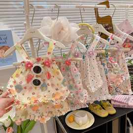 2025新款女童裙套装碎花可爱风套装卡通图案凉爽家居服厂家直供