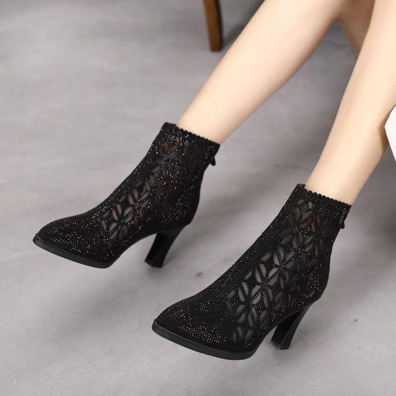 ShoeVault Summer New Hollow Single Pointed Toe Rhinestone Thick Heel Women's Sandals Mesh Short Boots High Heels_vogvips.com