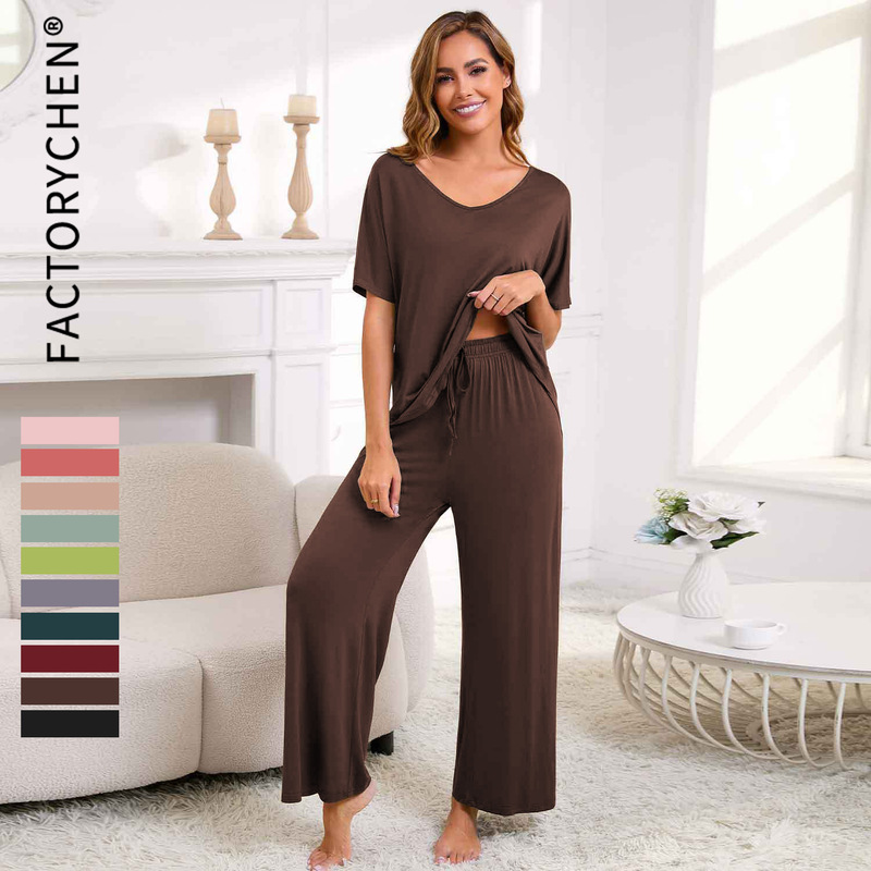 25 Amazon Women's 2-piece Casual Pullover Top Wide Leg Pants Home Clothes V-Neck Short Sleeve Solid Color Pajamas suit
