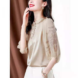 杭州真丝衬衫女上衣2024夏装新款大码高级感刺绣灯笼袖桑蚕丝衬衣