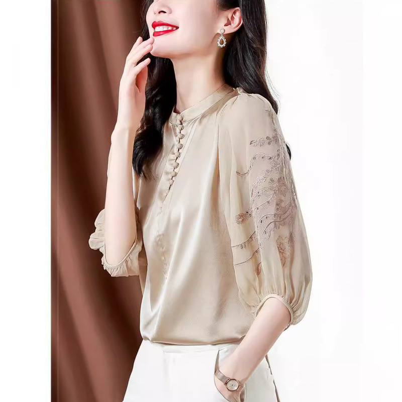 Hangzhou silk shirt women's blouse 2024 summer new plus size high sense embroidery lantern sleeve mulberry silk shirt Hangzhou silk shirt women's blouse 2024 summer new plus size high sense embroidery lantern sleeve mulberry silk shirt