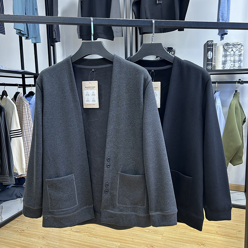 Foreign Trade Cut Label Men's Clothing--Fleece Knitted Cardigan Autumn and Winter New Simple Casual Fashion Men's Bottoming Shirt