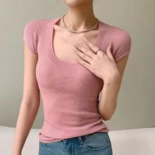 法式U领曲珠短袖T恤女装2023夏季新款简约修身显瘦针织上衣潮