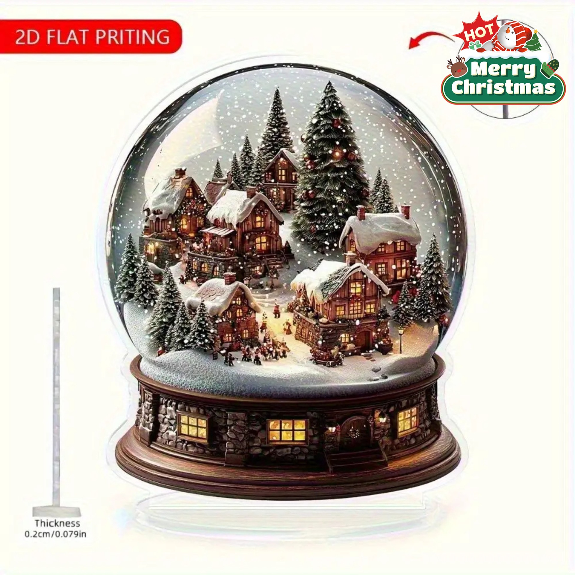 2D平面经典冬季村庄雪球装饰亚克力家居桌面装饰圣诞礼物