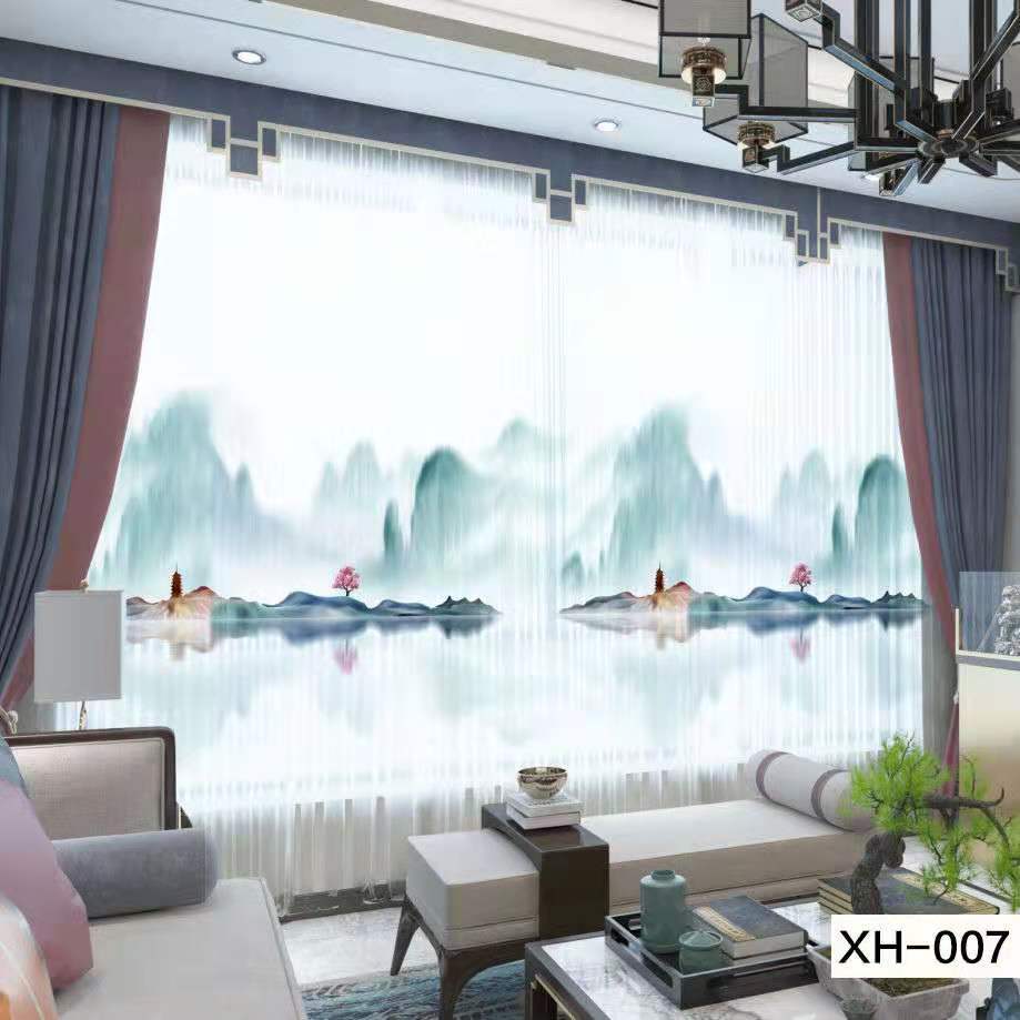 Semi-occluded, non-transparent sheer curtain with digital-printed window screen&mdash;classic Chinese-style landscape painting in 3D ink wash style curtains