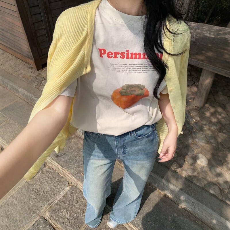 2026 New Gucci Niche Persimmon Print Short-Sleeve T-Shirt for Women, Summer Loose Fit, Slimming, Versatile Casual Top, Trendy