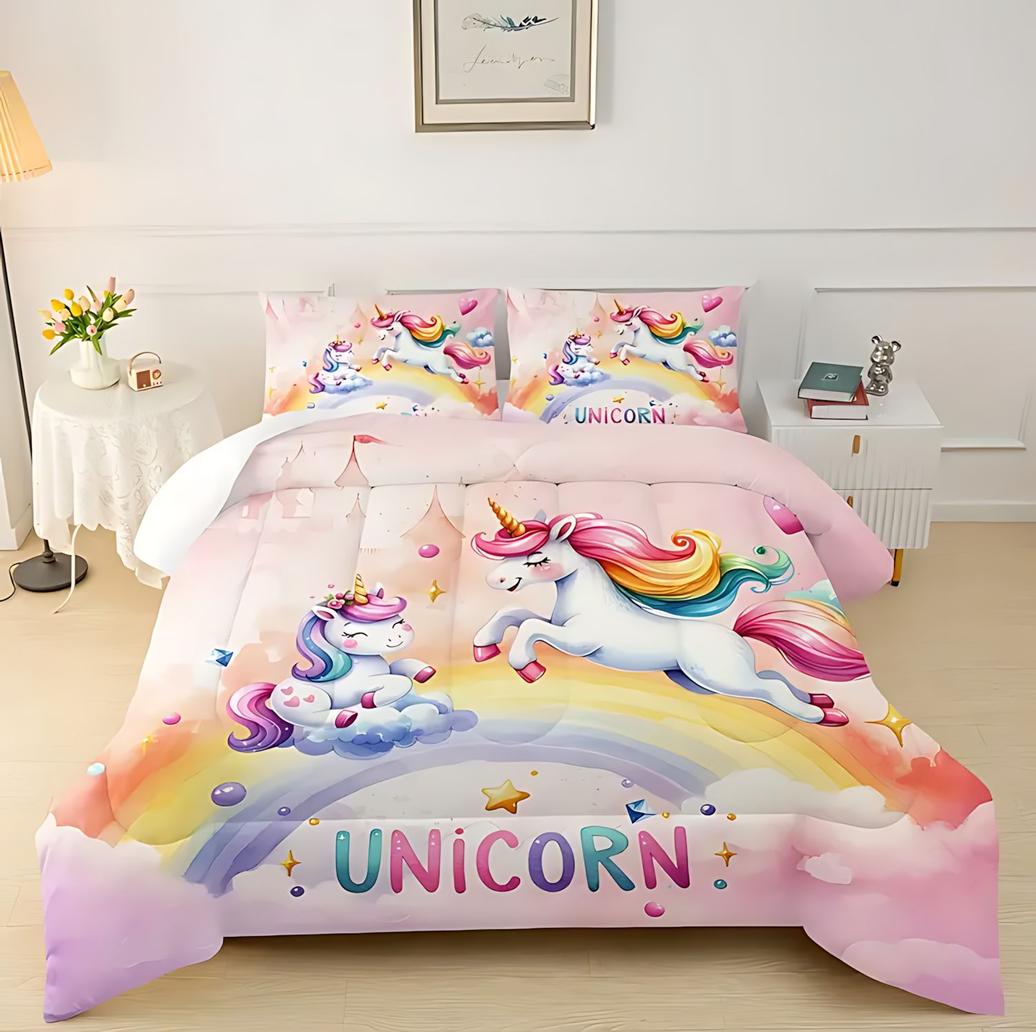 TEMU / JIT Unicornio de dibujos animados para niños impresión digital 3D 180gms colcha colchón conjunto de dibujos pueden hacer