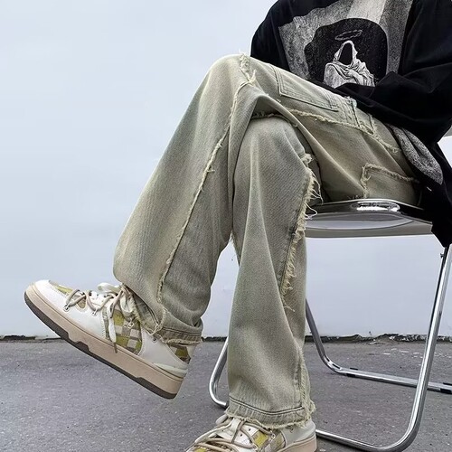 Vibe American streetwear pants, trendy brand, cool and stylish, hitting the streets, retro vintage, frayed edge, patchwork, workwear jeans