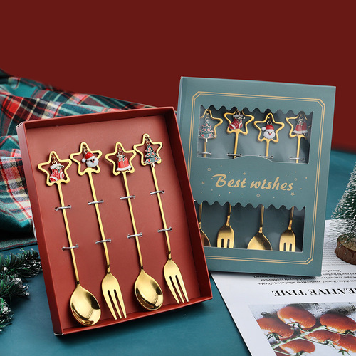 J cross-border Christmas spoon and fork set cartoon cute Christmas spoon creative Santa Claus dessert spoon and fork gift box