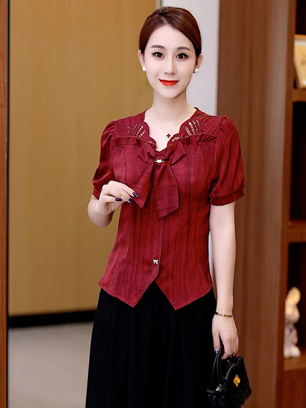 Fashion Bow Lace Shirt 2025 Summer New Stylish Age-Reducing Korean Version Loose Versatile Short-Sleeve Top for Women