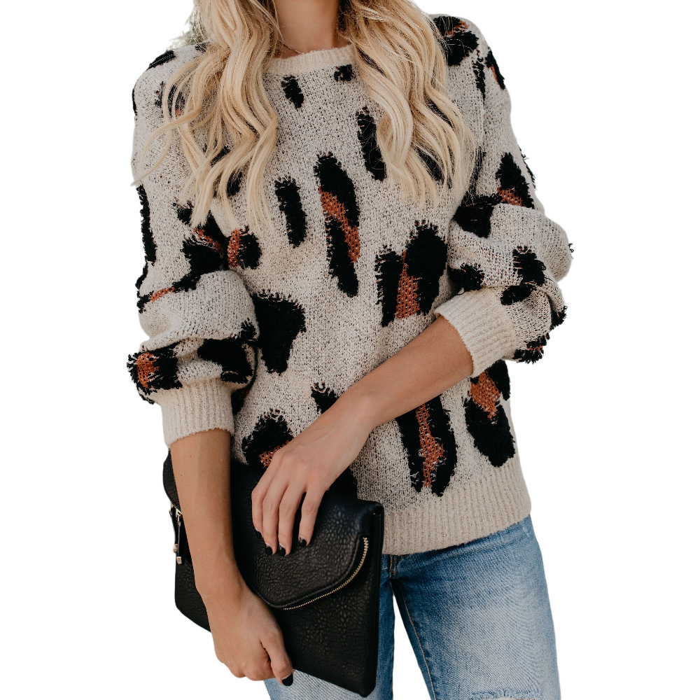 Round Neck Leopard Print Slim Sweater NSPZN105153