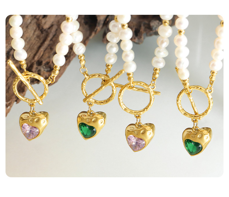 Retro Heart Shape Pearl Titanium Steel Inlay Zircon Necklace