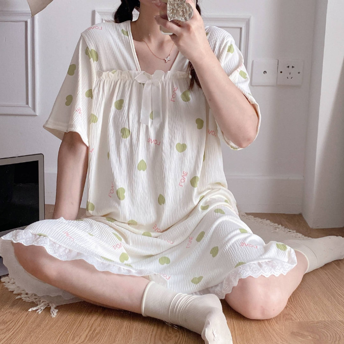 2024 pijamas de verano de encaje de algodón pijamas de cascada dibujos animados de manga corta ropa para el hogar media y larga adorable dulce al por mayor