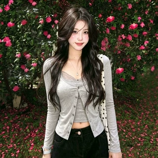 纯欲风蕾丝拼接吊带背心女早秋季新款气质显瘦长袖开衫上衣两件套