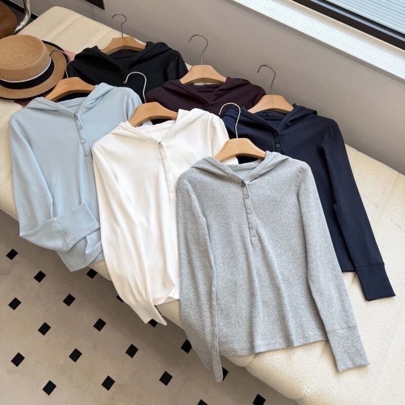 Women's Ribbed Hooded Knit Long Sleeve Slim Fit Single-Breasted Half-Open Collar Solid Color Base Shirt, New Autumn Style K488298