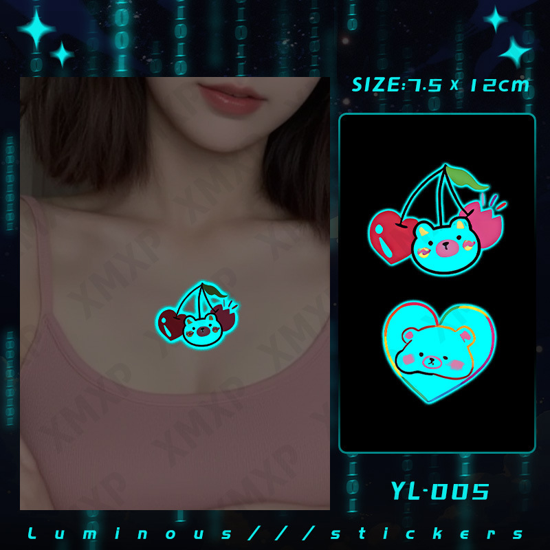 Xm&Xp Blue Luminous Tattoo Sticker Waterproof Long-Lasting Fresh Cute Sweetheart Cute Bear Cherry Heart Ins Style
