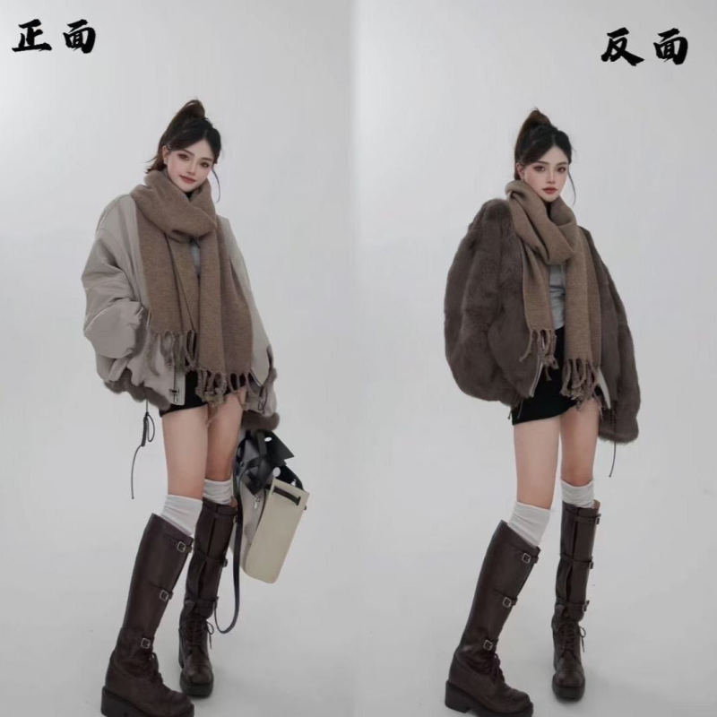 正反两面穿皮草真毛外套女2025秋冬新款韩版休闲兔毛内胆尼克服|undefined