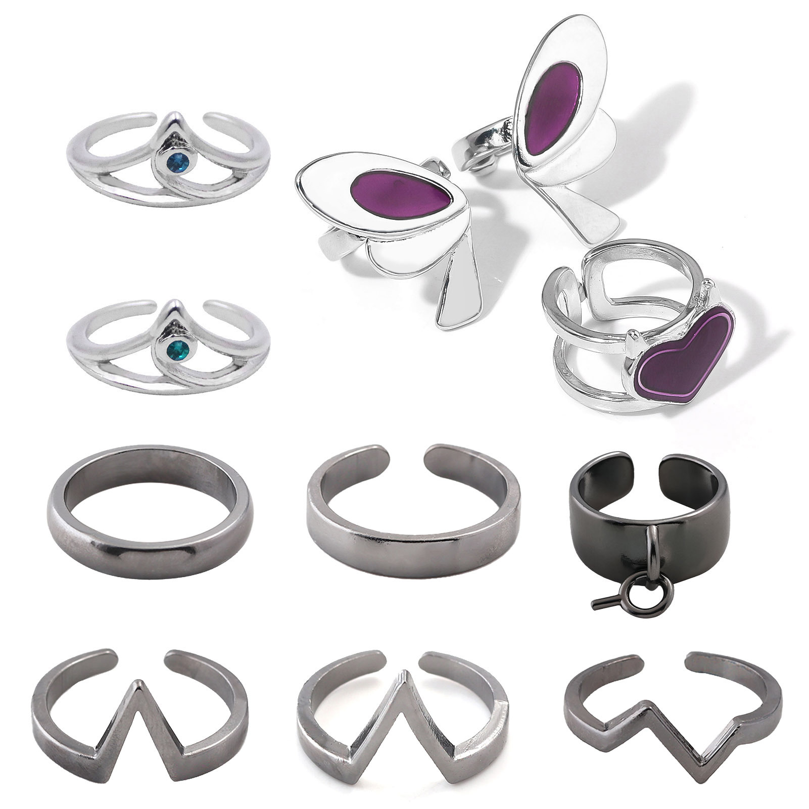 Contract Butterfly Ring Set, Slate Purple Butterfly Heart Ring Set, Two-Dimensional Cos Accessories