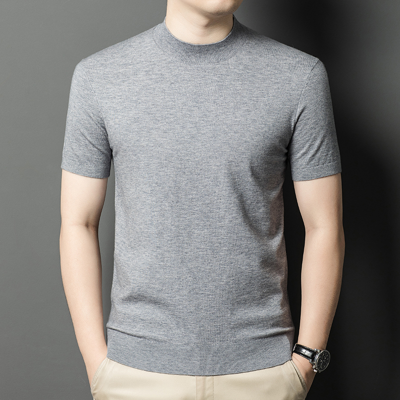 Ordos 100% cachemira pura, hombre de manga corta, suéter de lana de punto de cuello medio alto, suéter de manga media gruesa