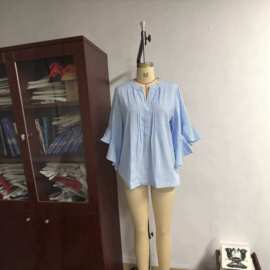 外贸跨境亚马逊欧美荷叶七分袖上衣条纹时尚休闲宽松V领商务衬衫