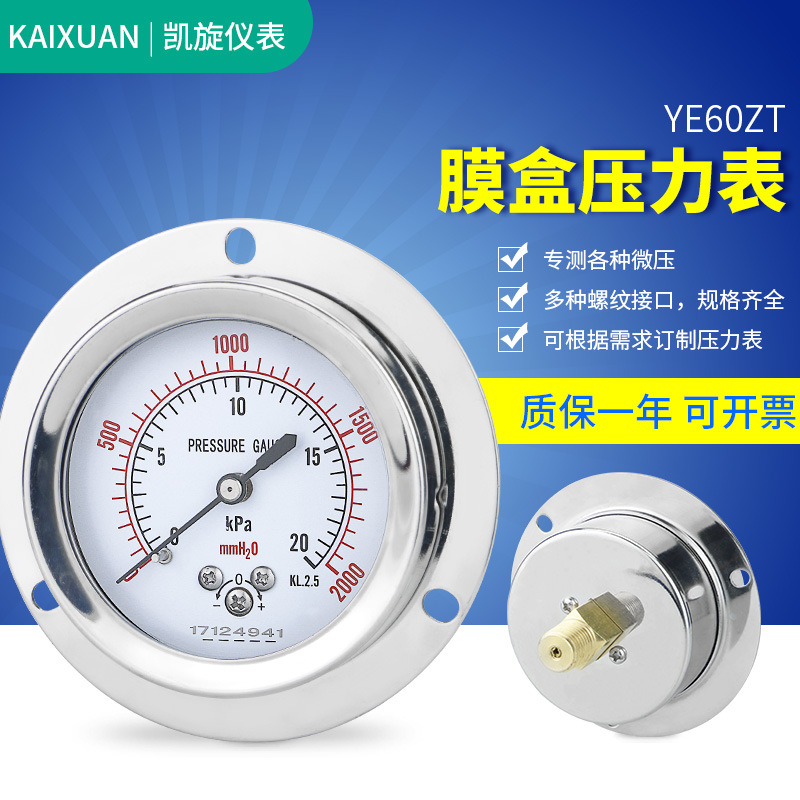 轴向带边膜盒压力表YE60ZT 不锈钢微压表KPa面板安装燃气表千帕表