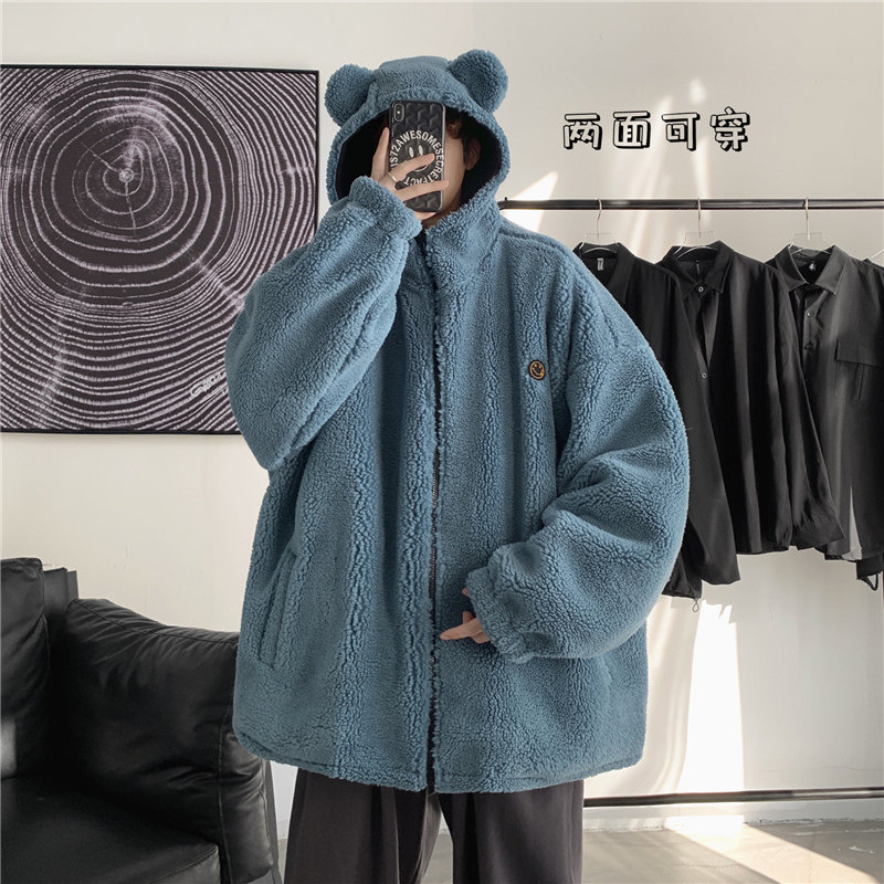 羊羔毛棉衣男冬季加厚加绒ins潮牌外套韩版潮流个性两面穿棉服男