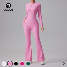 欧美跨境裸感长袖瑜伽连体衣女拉链修身显瘦健身喇叭裤连体瑜伽服