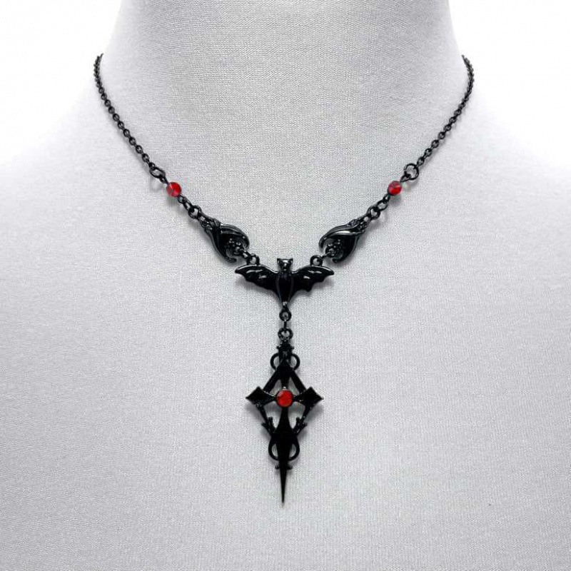 跨境外贸 黑色三蝙蝠项链尖哥特式红色十字架吸血鬼蝙蝠项链