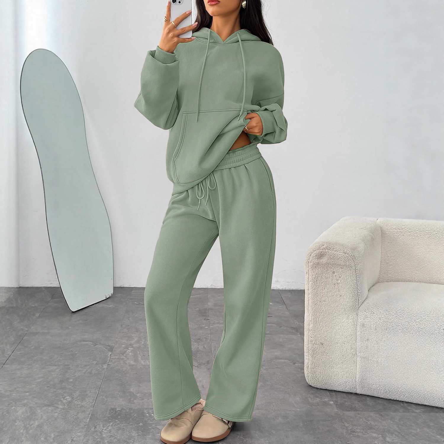 2025欧美跨境新款秋冬休闲连帽卫衣运动衫超大阔腿运动裤套装现货