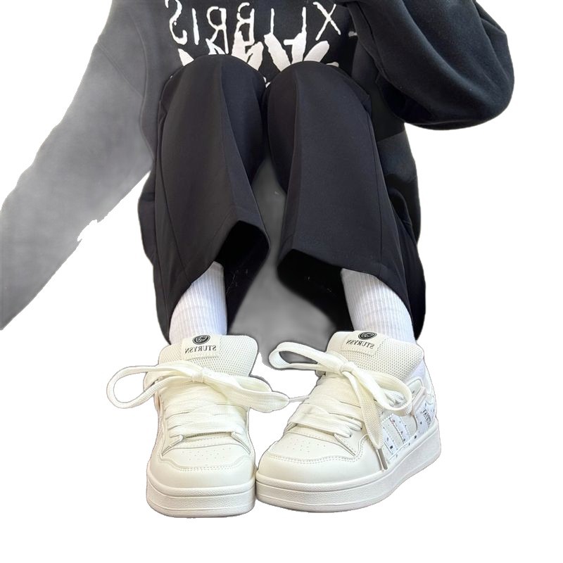 Nicho original arroz blanco impresión zapatos de pan 2025 primavera nuevos zapatos blancos de suela gruesa zapatos de skate casuales