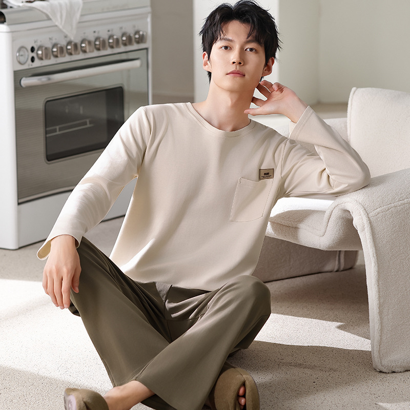 100% Cotton Pajamas for Men Spring and Autum Long-Sleeved Pullover Casual Simple Teenagers Plus Size Cotton Home Clothes