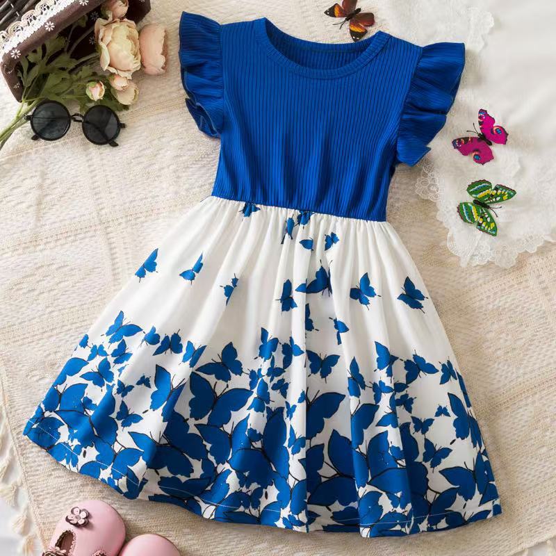 2025 vestido transfronterizo para niñas, posicionamiento de mariposas, vestido de princesa con estampado digital, vestido de manga voladora para niños europeos y americanos