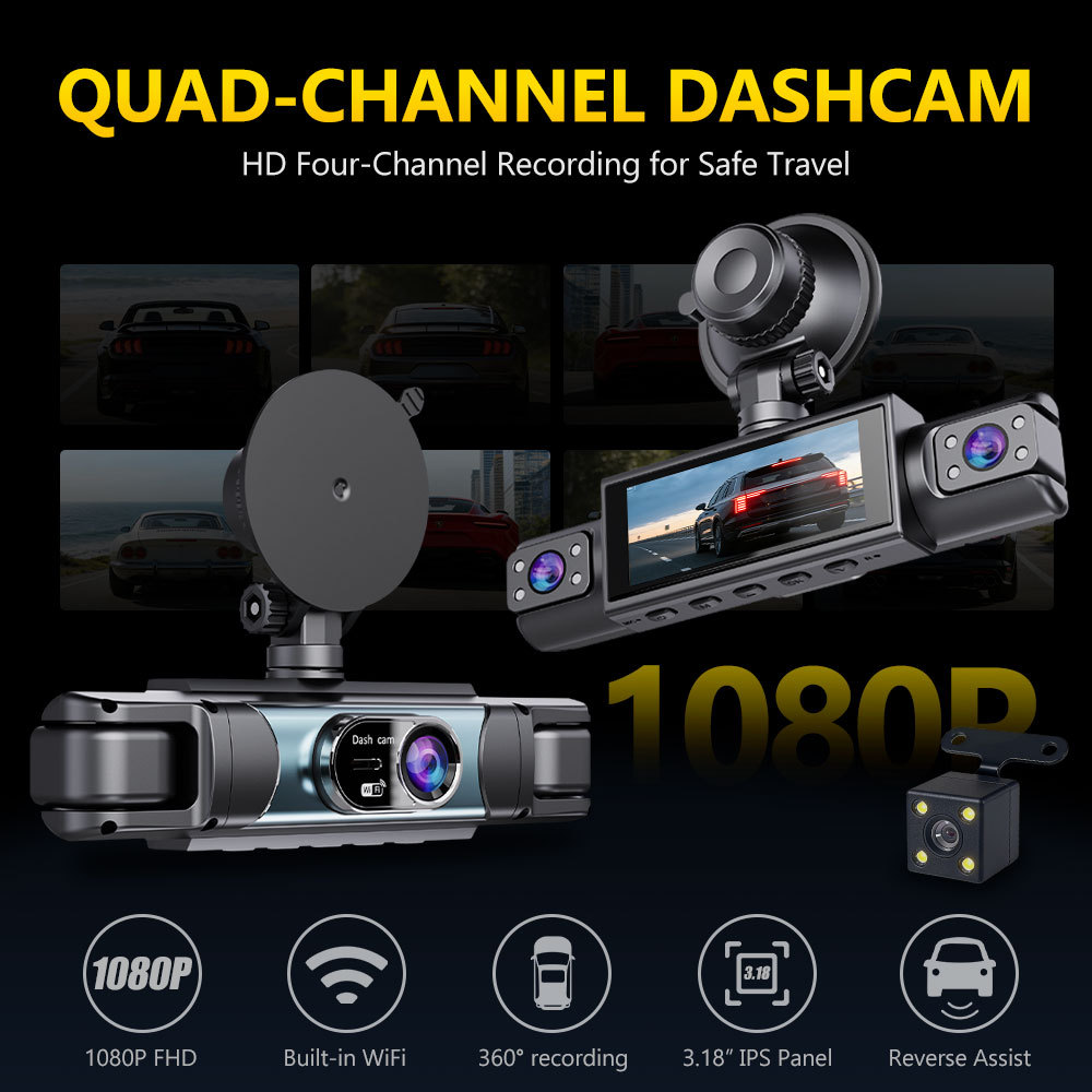 Cross-border four-lens dashcam with WIFI connection, night vision, 1080P quad-view display, and reverse camera monitoring