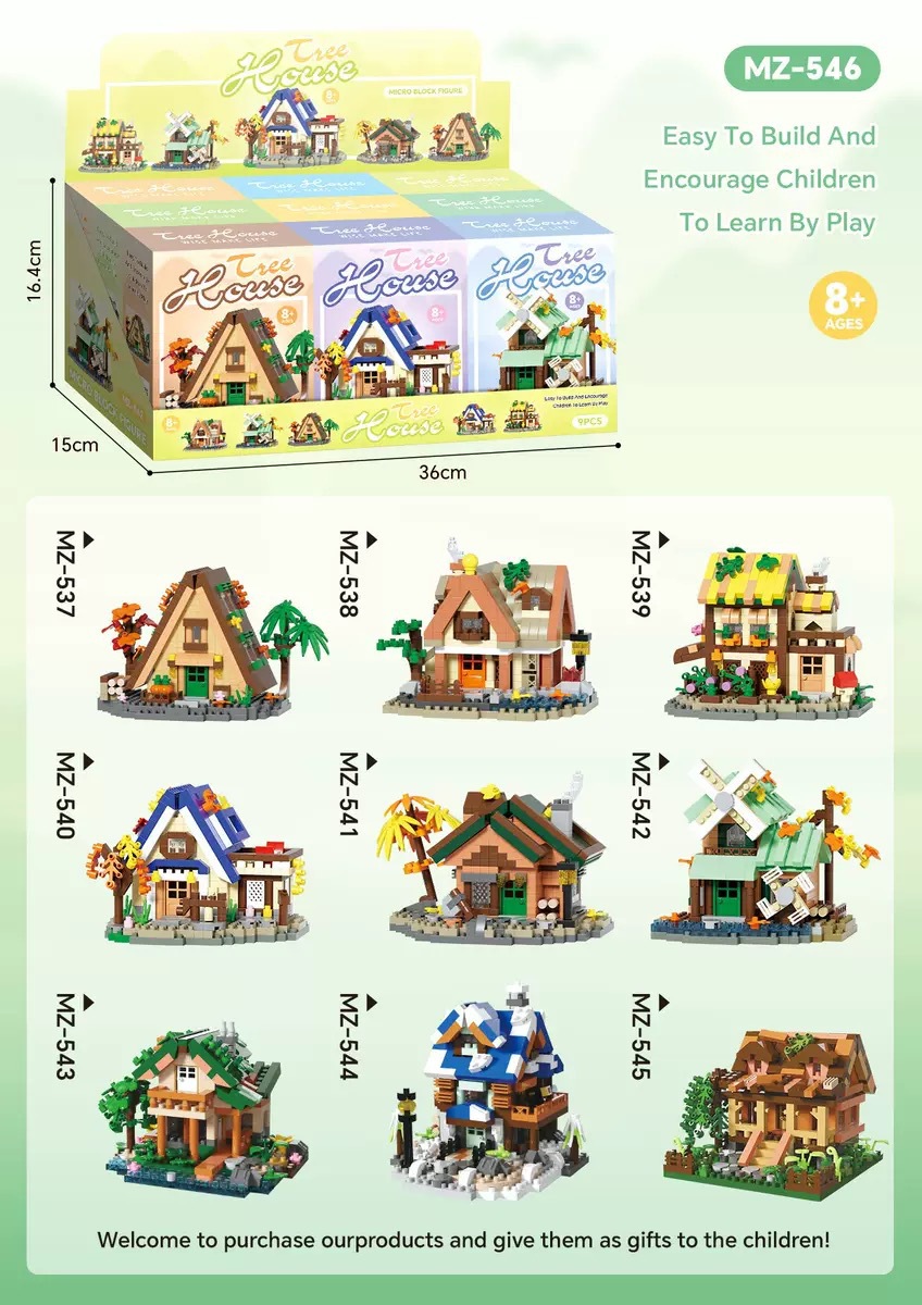 Bloques de construcción de casas de madera en el bosque, escena de calle, molino de viento hecho a mano, casa del árbol, juguetes educativos para niños, Día del Niño