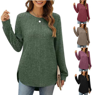 Amazon European and American Foreign Trade Cross-Border Women's Clothing 2024 Autum New Loose Round Neck High and Low Curved Hem Tops for Women