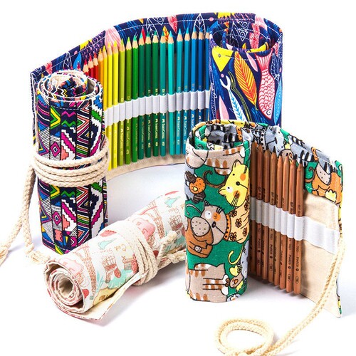 Handmade Canvas Pen Organizer 12/24/36/48/72 Holes Large Capacity Rolling Pen Case for Boys and Girls Colored Pencils Sketching Stationery Box