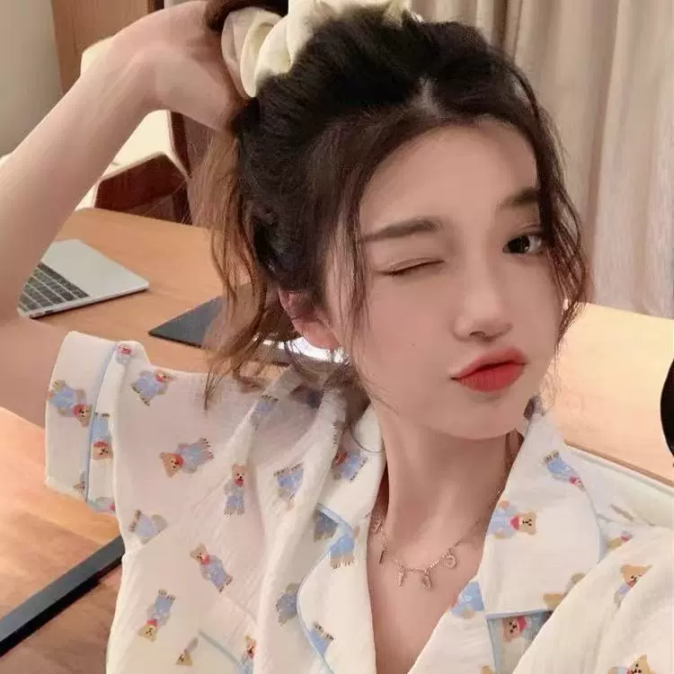 少女可爱翻领纱布睡衣女夏季小熊棉麻短袖短裤睡裙简约家居服套装