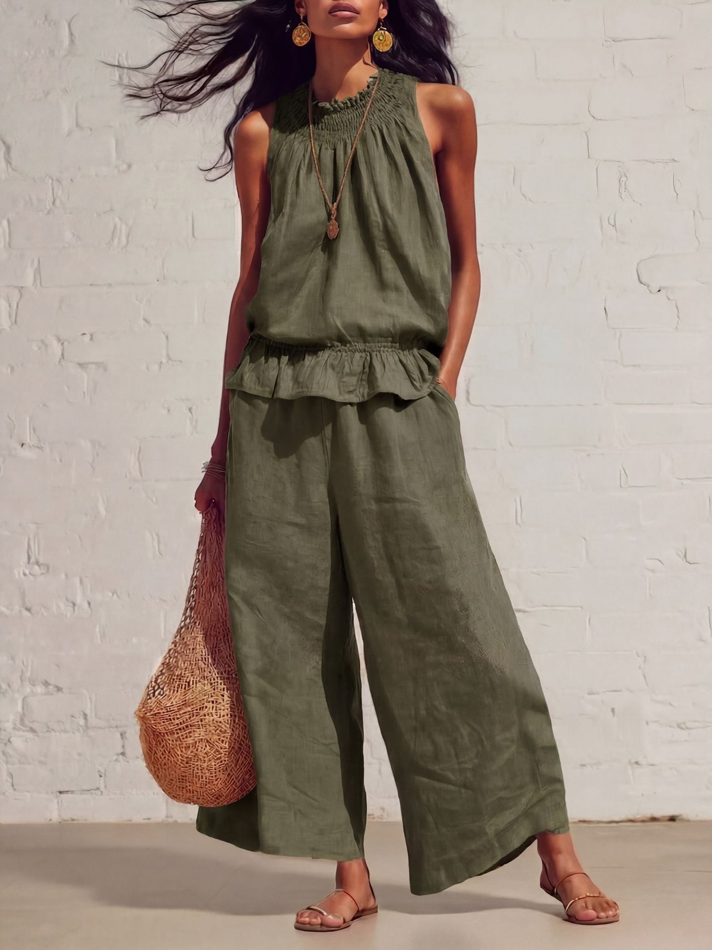 Women's Clothing American Style Women's Ruffled Cotton Linen Two Piece Set Retro Bohemian Spring Summer New Arrivals_ecoleips.com