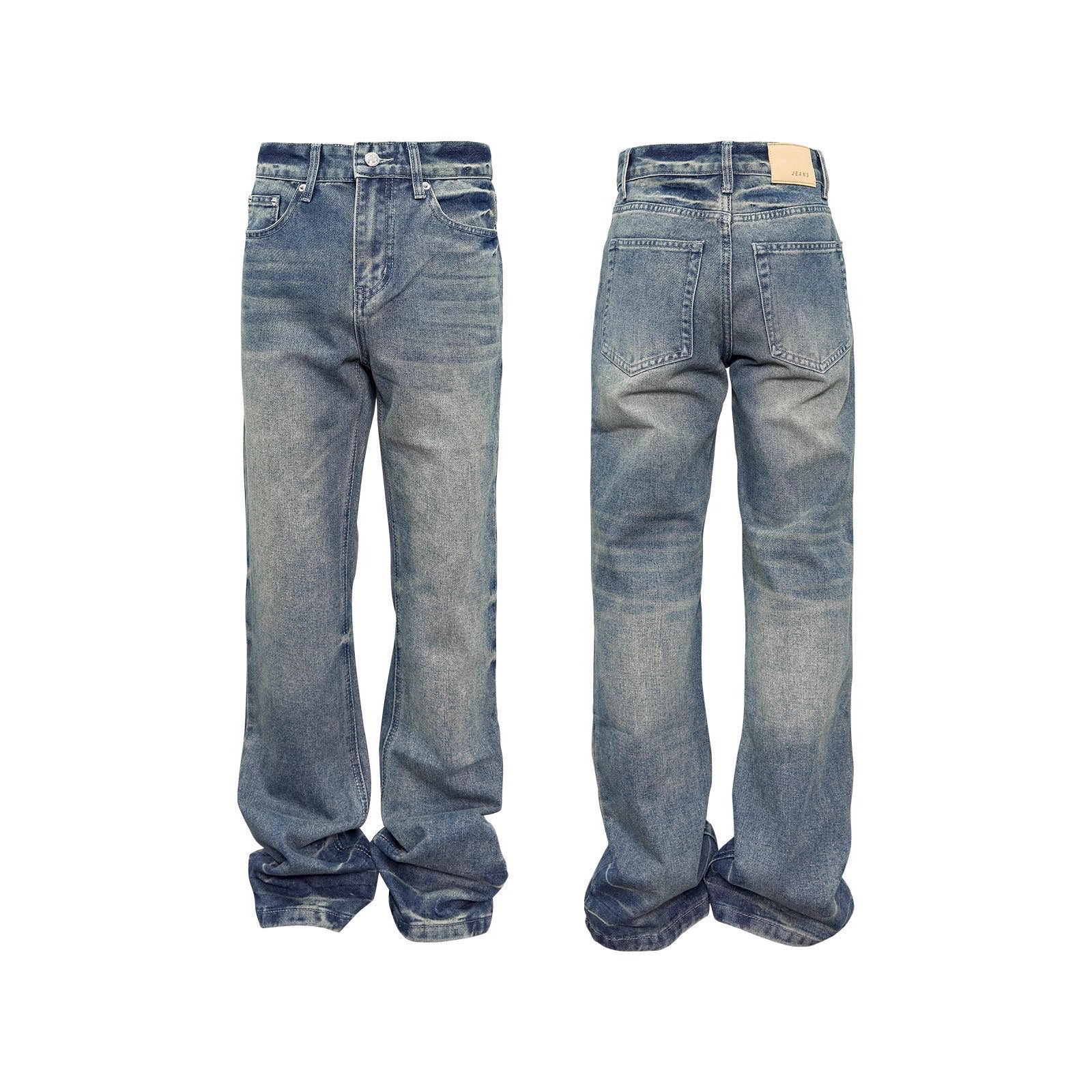 2025 American Retro Washed Blue Flared Jeans Trendy Brand Men's High Street Drape Cleanfit Pants_mkmklike.com