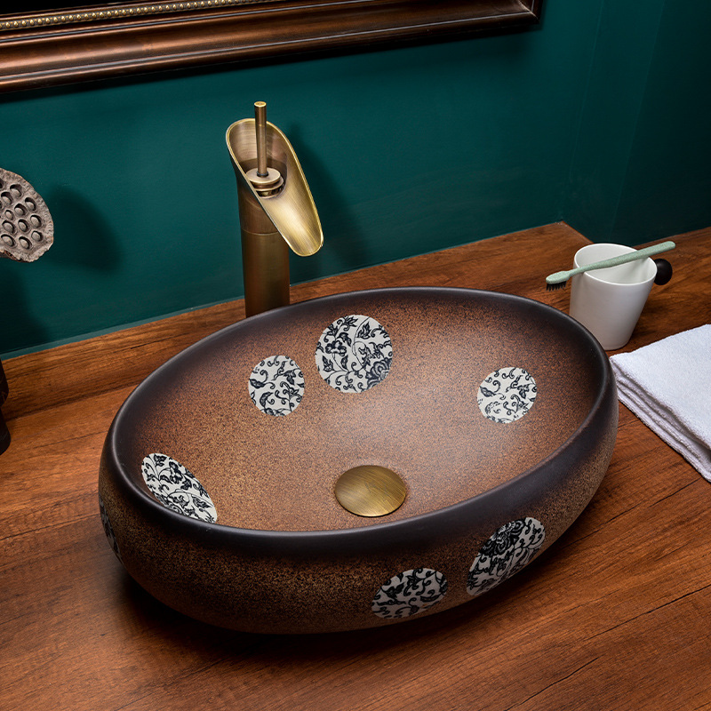 复古台上盆手工雕刻祥云洗手盆卫生间艺术洗脸盆家用陶瓷面盆青花